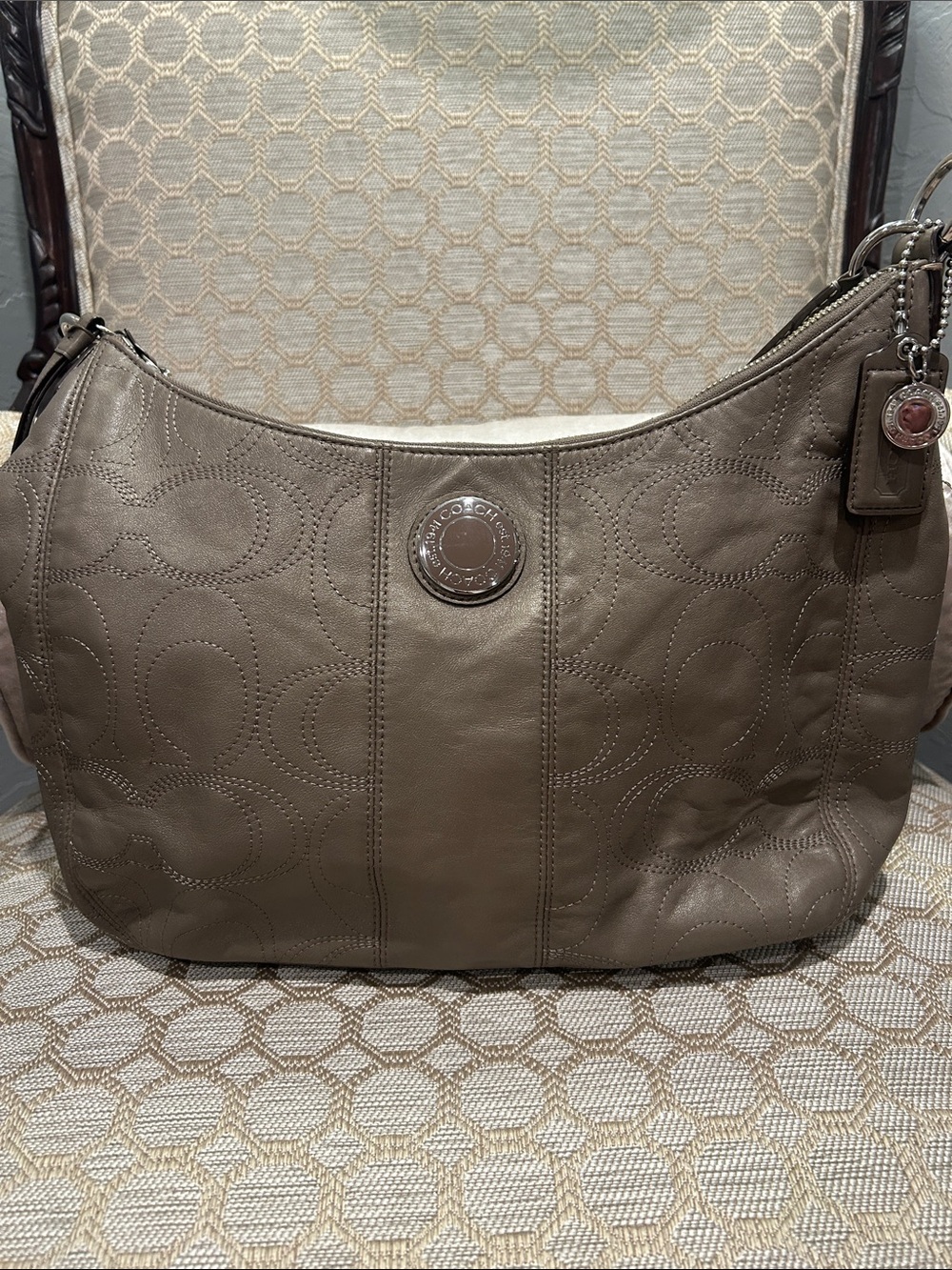 Coach Taupe-Brown Leather Shoulder Bag with Signature Stitching